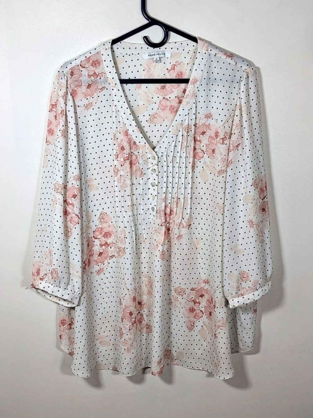 Rose + Olive Floral Polka Dot Blouse White & Pink Size 2X